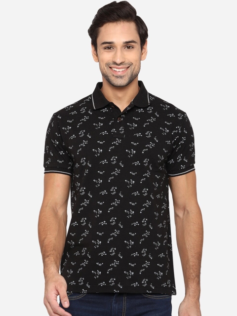 

Greenfibre Men Black & White Floral Printed Polo Collar Pockets Slim Fit T-shirt