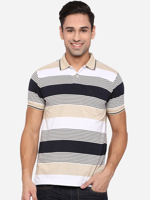 

Greenfibre Men Beige & Black Striped Polo Collar Pockets Slim Fit T-shirt