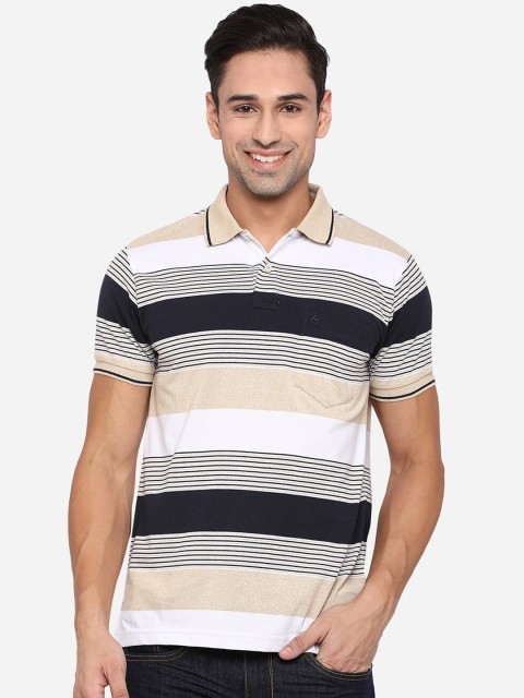 

Greenfibre Men Beige & Black Striped Polo Collar Pockets Slim Fit T-shirt
