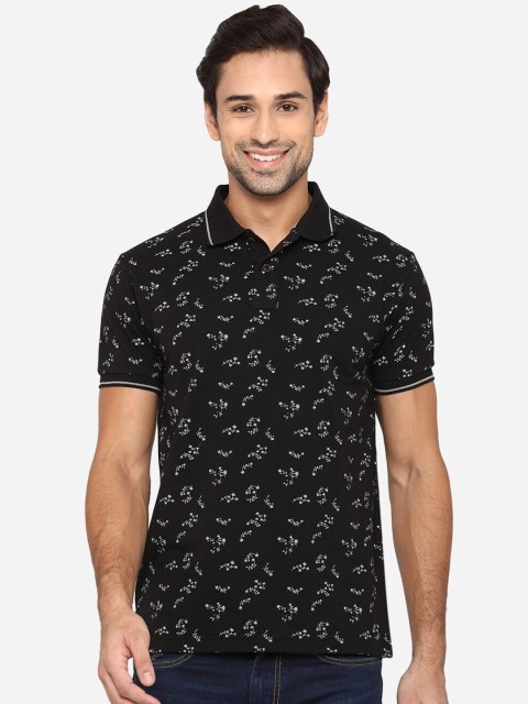 

Greenfibre Men Black & White Floral Printed Polo Collar Pockets Slim Fit T-shirt