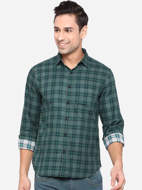 

Greenfibre Men Green Slim Fit Opaque Pure Cotton Checked Casual Shirt