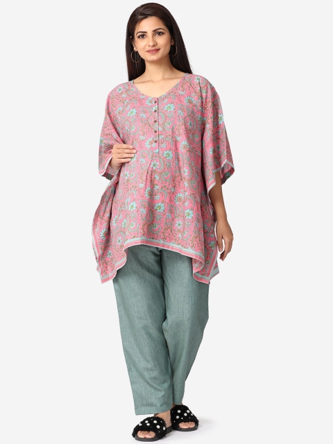 

The Mom Store Women Pink & Green Printed Pure Cotton Maternity Night suit