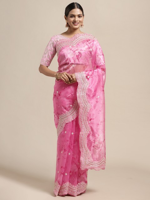 

Saree mall Pink Floral Print Embroidered Organza Saree