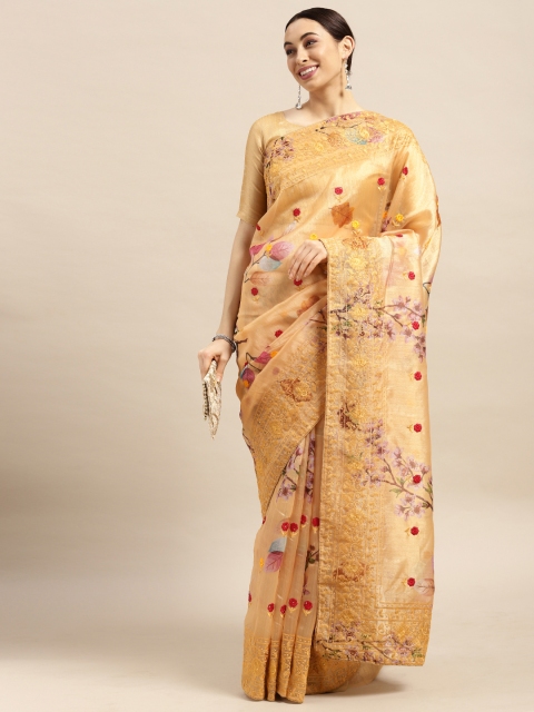 

Saree mall Beige Floral Embroidered Organza Sarees