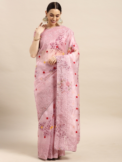 

Saree mall Pink Floral Print Organza Saree with Embroidered Border
