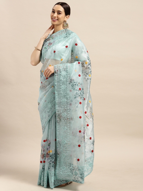 

Saree mall Blue Floral Print Organza Saree with Embroidered Border