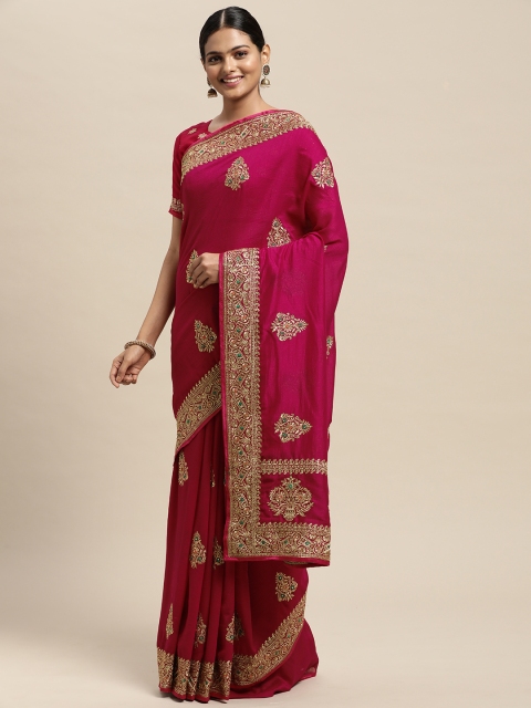 

Mitera Pink Vichitra Ethnic Embelished Party Wear Saree with Matching Blouse