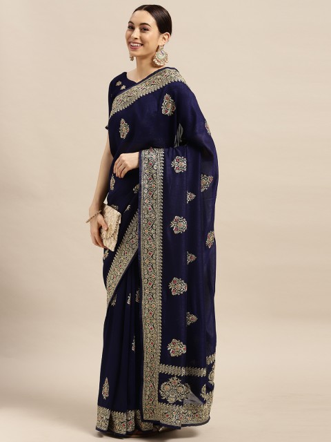 

Mitera Navy Blue Ethnic Motifs Silk Blend Saree