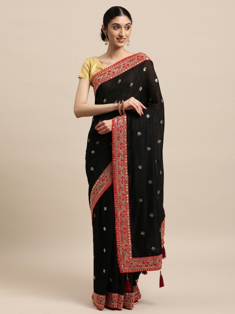 

VASTRANAND Black & Gold-Toned Floral Sequinned Saree