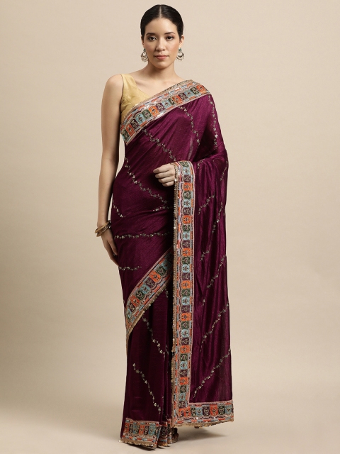 

VASTRANAND Burgundy Embellished Embroidered Heavy Work Saree