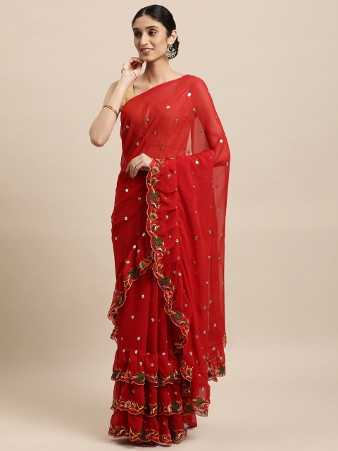 

VASTRANAND Women Red Embellished Embroidered Saree