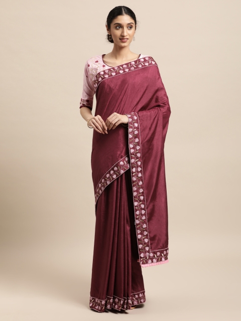 

VASTRANAND Women Burgundy Embellished Embroidered Heavy Work Saree