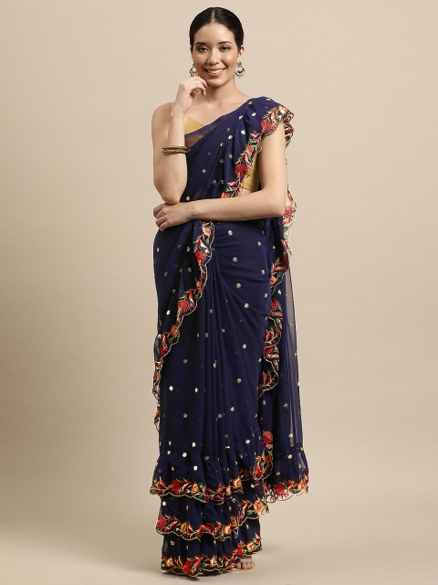 

VASTRANAND Women Navy Blue Embellished Embroidered Saree