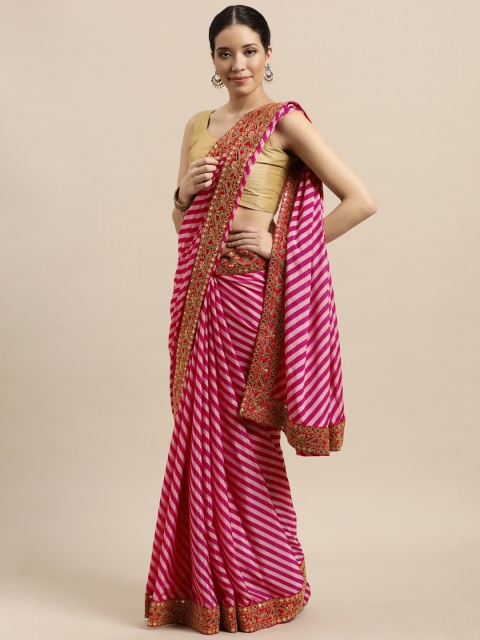 

VASTRANAND Pink Striped Embroidered Saree