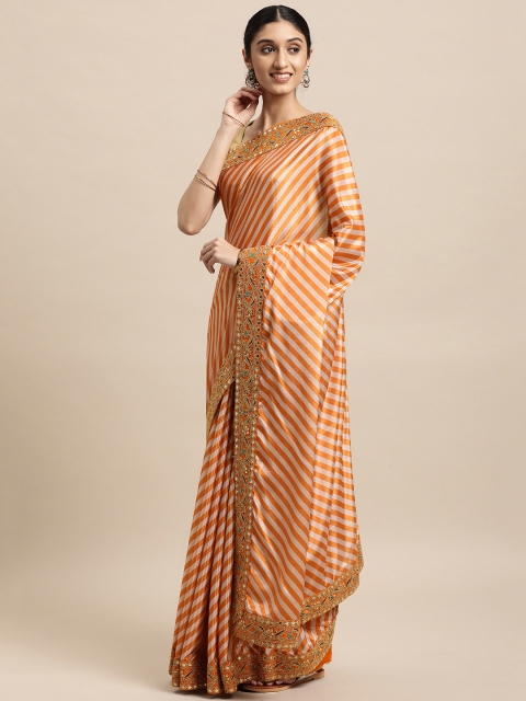 

VASTRANAND Women Orange Striped Embroidered Saree