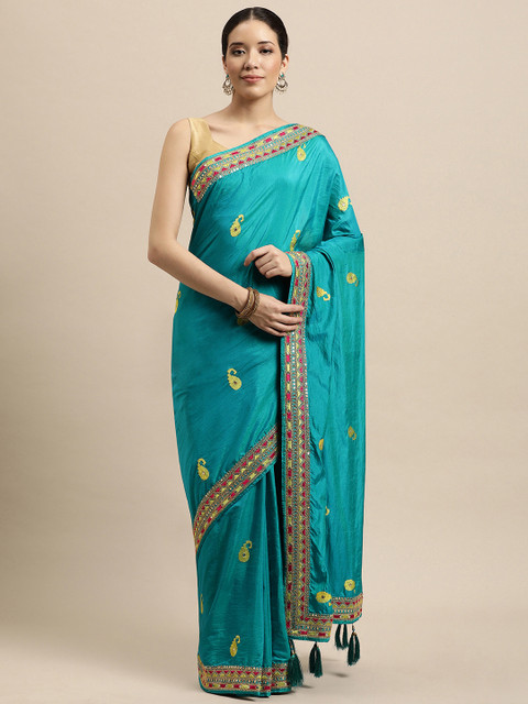 

VASTRANAND Turquoise Blue Paisley Sequinned Saree