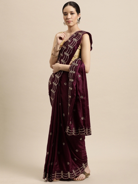 

VASTRANAND Burgundy & Gold-Toned Ethnic Motifs Sequinned Saree
