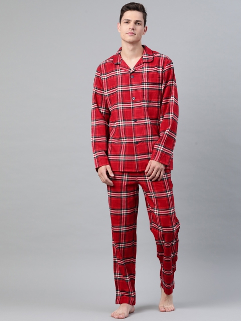 

Marks & Spencer Men Red & Navy Blue Checked Cotton Night suit