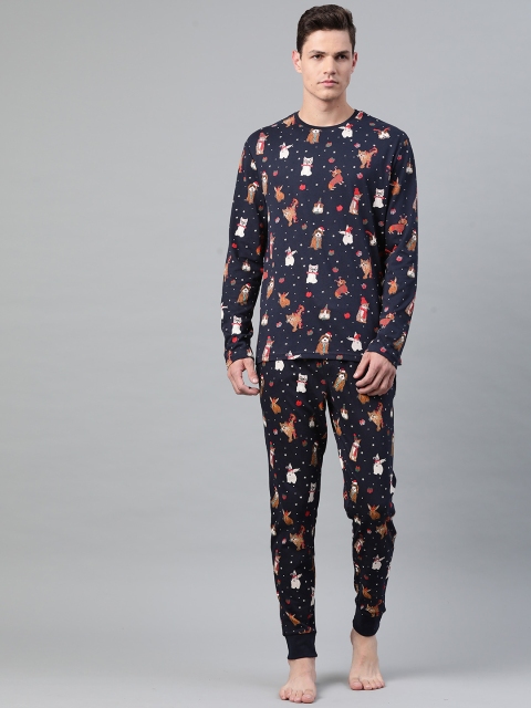 

Marks & Spencer Men Navy Blue & White Printed Night suit