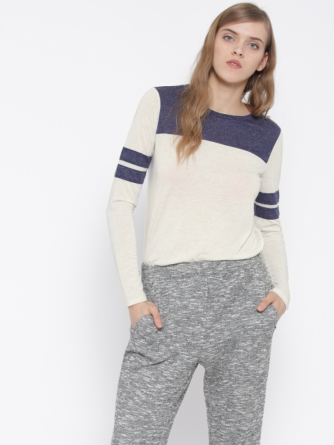 

FOREVER 21 Women Off-White Colourblocked Round Neck T-shirt