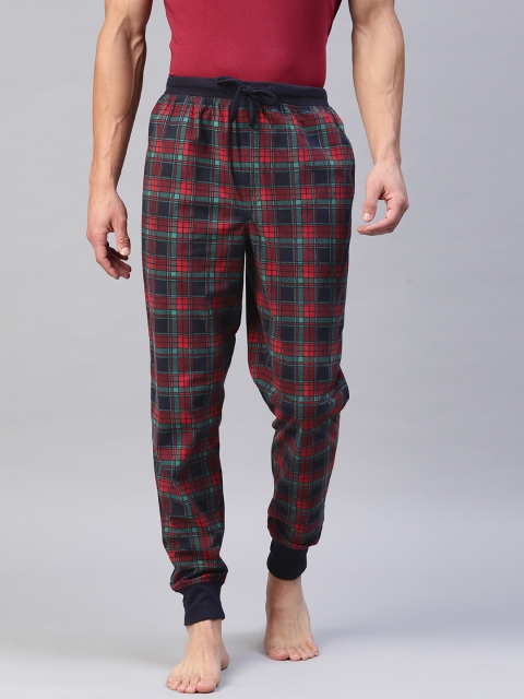 

Marks & Spencer Men Navy Blue & Red Pure Cotton Checked Lounge Joggers