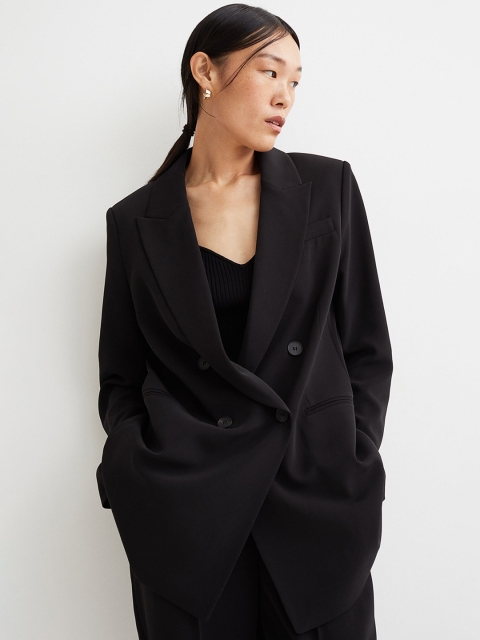 

H&M Women Black Double-Breasted Jacket