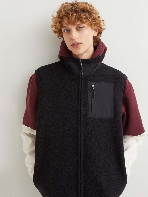 

H&M Men Black Regular Fit Thermolite Faux Shearling Gilet