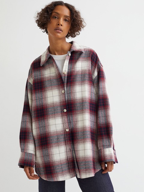 

H&M Women White & Red Checked Oversized Shirt Jacket