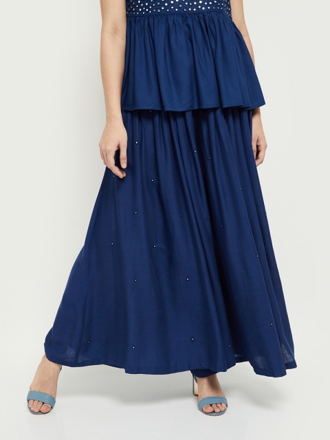 

max Women Navy Blue Embellished Knitted Palazzos
