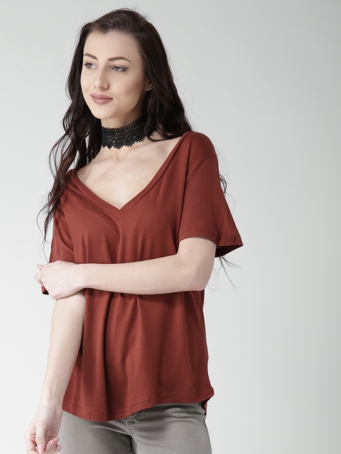 

FOREVER 21 Women Rust Brown Solid V-Neck T-shirt