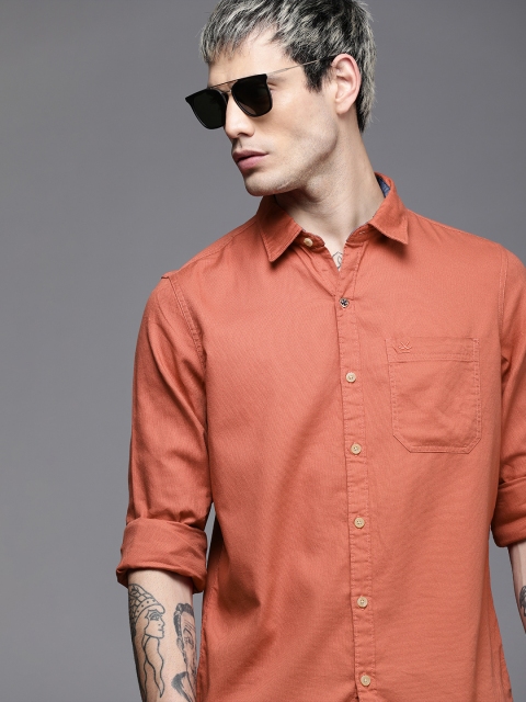 

WROGN Men Orange Solid Slim Fit Pure Cotton Casual Shirt