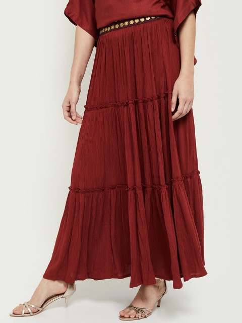 

max Women Red Solid Tiered Maxi Skirt