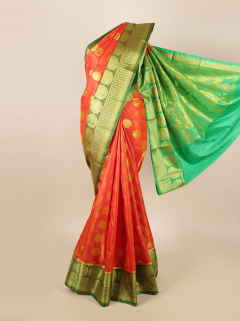 

Pothys Orange & Green Floral Zari Art Silk Saree