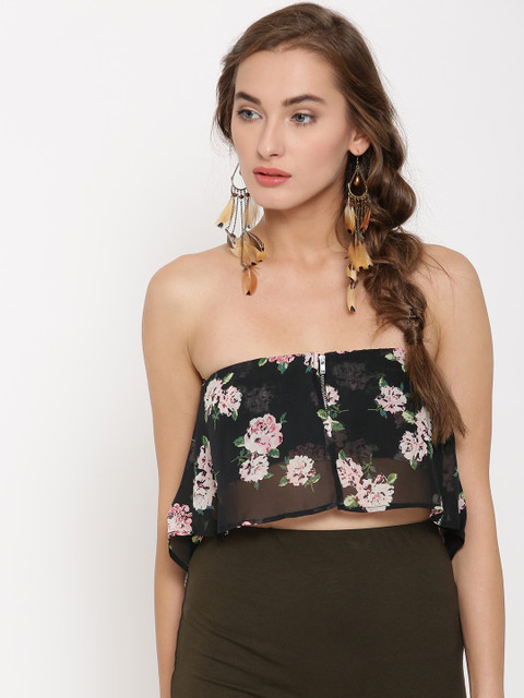 

FOREVER 21 Women Black Floral Print Crop Tube Top
