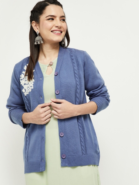 

max Women Blue & White Embroidered Cardigan with Embroidered Detail
