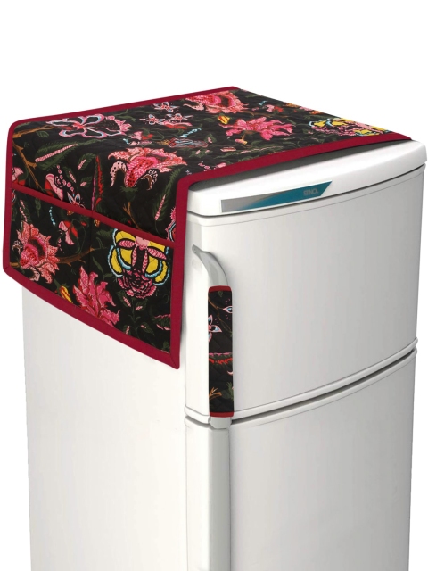 

Rajasthan Decor Black & Red Floral Print Quilted Fridge Cover With Handle Cover