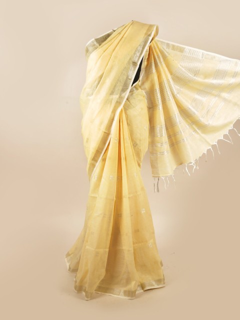 

Pothys Yellow & Silver-Toned Zari Pure Linen Saree
