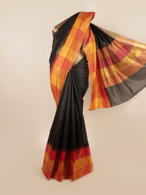 

Pothys Black & Orange Checked Pure Linen Saree