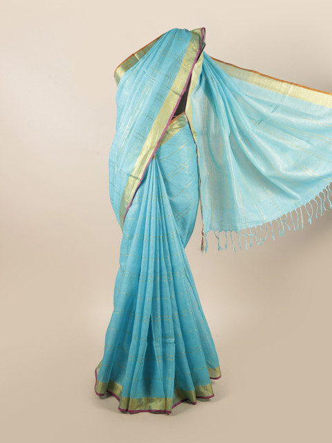 

Pothys Blue & Gold-Toned Checked Zari Pure Linen Saree