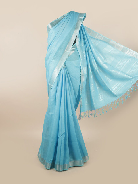 

Pothys Blue & Silver-Toned Zari Pure Linen Saree