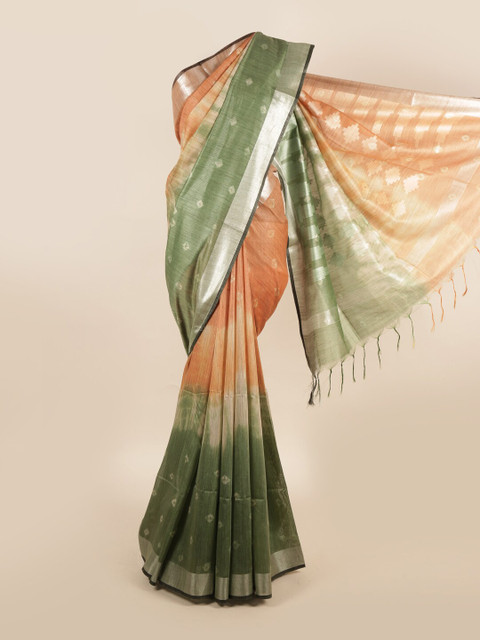 

Pothys Orange & Green Tie and Dye Zari Pure Linen Saree