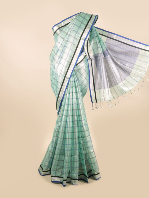 

Pothys Sea Green & Blue Checked Zari Pure Linen Saree