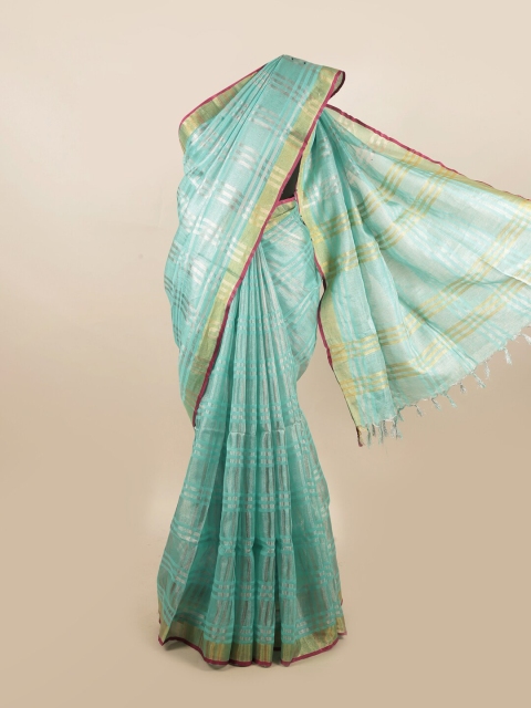 

Pothys Blue & Gold-Toned Checked Pure Linen Saree