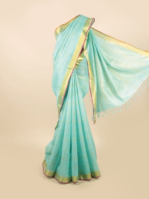 

Pothys Blue & Gold-Toned Checked Zari Pure Linen Saree