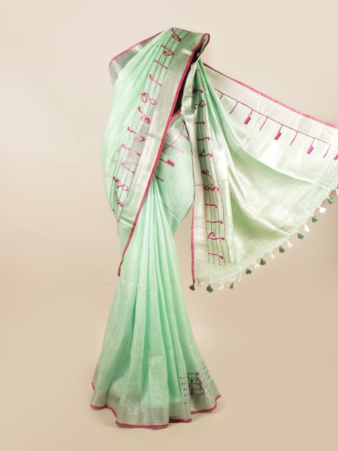 

Pothys Green & Silver-Toned Zari Pure Linen Saree