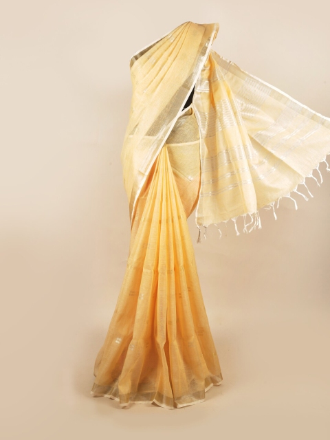 

Pothys Yellow & Silver-Toned Checked Pure Linen Saree