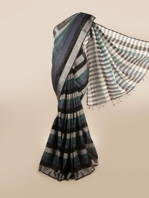 

Pothys Black & Green Striped Zari Pure Linen Saree