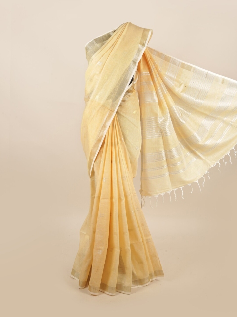 

Pothys Yellow & Silver-Toned Striped Pure Linen Saree