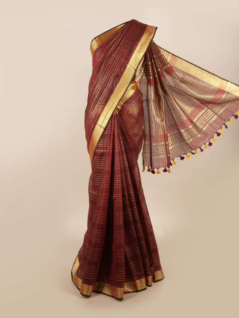 

Pothys Maroon & Gold-Toned Checked Pure Linen Saree
