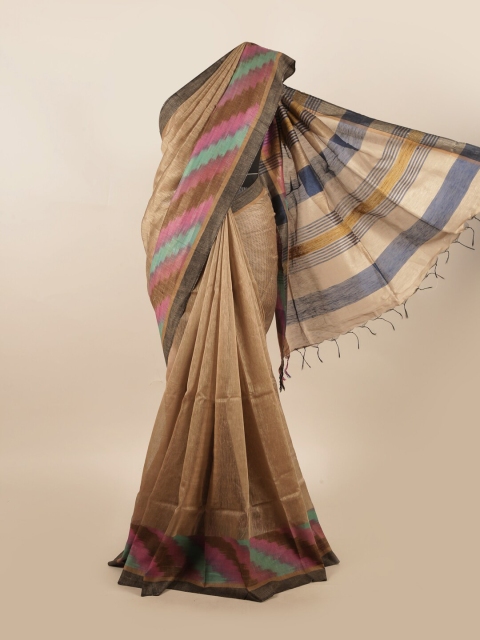 

Pothys Tan & Green Colourblocked Pure Linen Saree